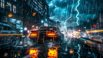 Immerse yourself in the chaos and beauty of a stormy night, where a car speeds through the rain-soaked streets. 

