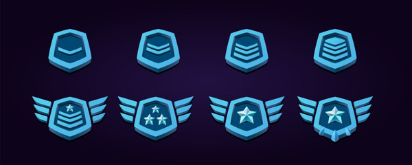 Metal blue rank patent badges set. Three dimensional effect with wings.