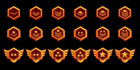Realistic metal set of game rank badge isolated on background. Vector illustration of golden hexagonal medals decorated with stars and wings. Symbol of achievement, award for victory, trophy emblem.