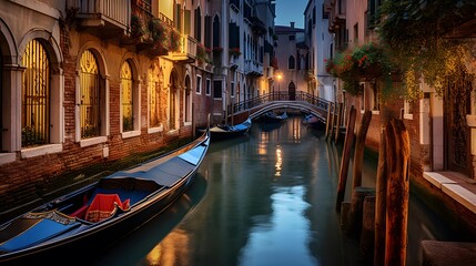 Fototapeta na wymiar Canal in Venice at night, Italy. Panoramic view