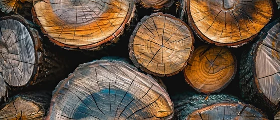 Tuinposter Close-up view of stacked wood logs, highlighting the intricate patterns of tree rings and textures. © Lidok_L