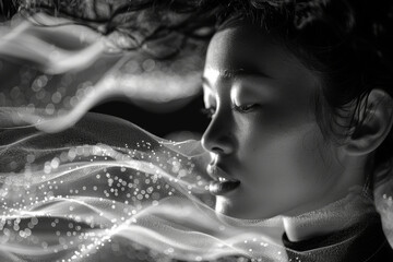 Ethereal Dreamscape with Woman Profile.
Woman's profile against a monochrome backdrop with flowing light streams.
