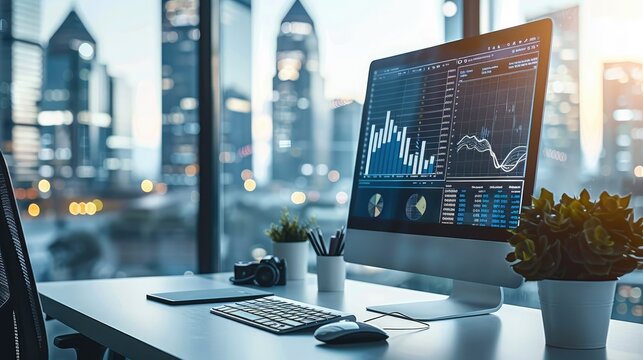 A minimalist office setup with a sleek desk, modern computer and a dynamic financial graph on the screen with city skyline through the window. Generative AI.