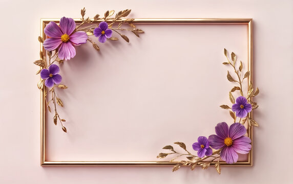 A gold frame with purple flowers and golden leaves on a light pink background. Greetings, congratulations, card, banner, background. Copy space.