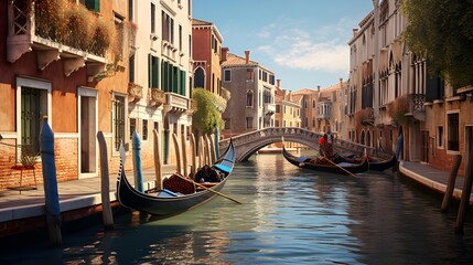 Venice canal with gondolas and bridge, Italy, Europe