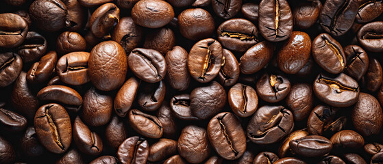 Close-up image capturing the rich textures and dark tones of freshly roasted coffee beans, with a...