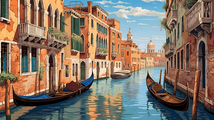 Venice canal and gondolas, Italy, panoramic view