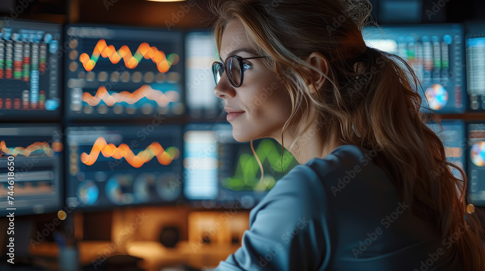 Poster woman sitting at a desk with advanced trading screens on her computer in her modern apartment. gener
