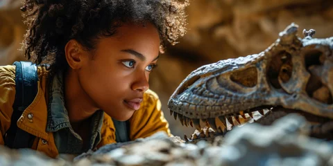 Foto op Canvas Desert black woman archaeologist studies prehistoric dinosaur fossils. Young Archaeologist closely observes a dinosaur fossil in the wilderness © Lidok_L