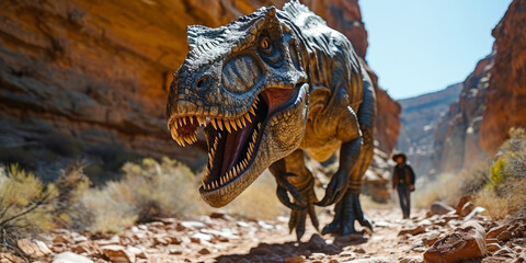 Encounter with a Prehistoric Giant. Dramatic face-off with a lifelike dinosaur model in the desert