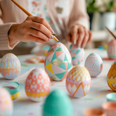 Fototapeta na wymiar Creative Easter Egg Decorating: Close-Up of Hands Painting Intricate Patterns on Colorful Eggs, Festive Holiday Craftsmanship.