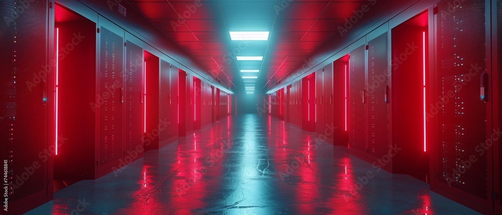 Poster Corridor in working data center with racks of rack servers and supercomputers as well as high-resolution projections of the Internet.
