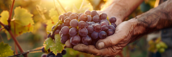Farmer Holding a Bunch of Grapes at Sunset