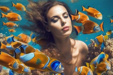 A beautiful girl is exploring the underwater world, ancient ruins at the bottom of the sea