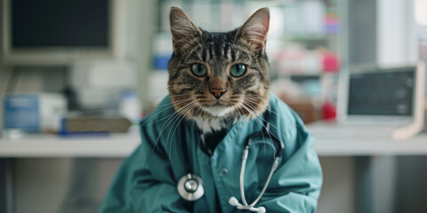 Domestic Cat Dressed as a Veterinarian in Clinic