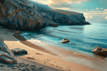 Serene coastal panorama with golden sands, azure waters.