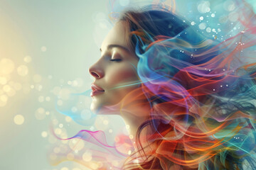 Woman with Colourful Wind flow Hair Art.
Artistic portrait of a woman with colourful wind flow...