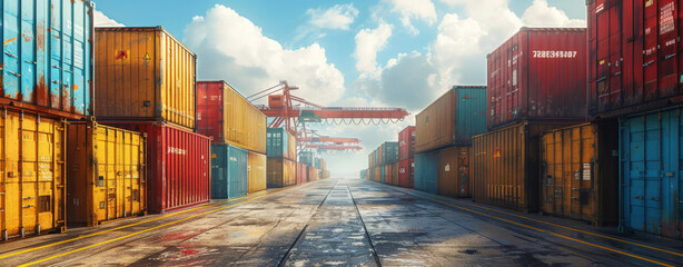 Colourful Container Terminal Panorama.
Panoramic view of a vibrant container terminal under a clear blue sky. - obrazy, fototapety, plakaty