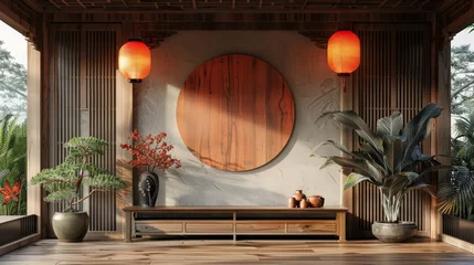 Schilderijen op glas Chinese New Year decorations on wooden cabinet in living room © Zaleman