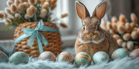 Obraz premium Rabbit Sitting in Front of Eggs