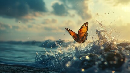 Butterfly flapping its wings against the background of the sea - obrazy, fototapety, plakaty