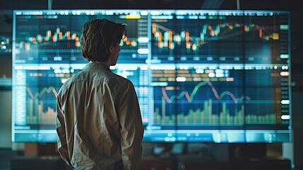 Young man wearing casual clothes looking at a very large screen showing stock market charts with candlesticks, view from behind. Generative AI.
