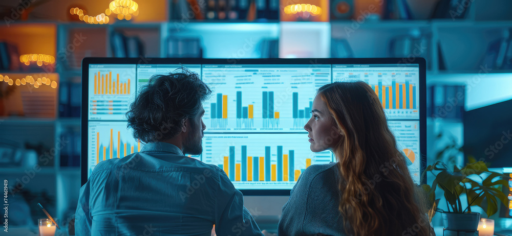 Aufkleber two people sit in front of a computer, computer showing marketing charts in daily marketing working 