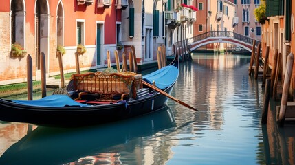 Fototapeta na wymiar Gondolas in Venice, Italy. Panoramic view.