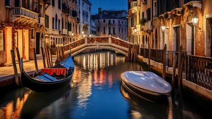 Foto auf Glas Venetian canal with gondolas at night, Venice, Italy © I