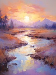 Sunset Painting Over River. Printable Wall Art.