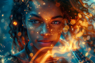Woman's Portrait with Sparkling Light Effects.
A close-up of a woman's face adorned with lights.