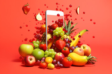 Obraz na płótnie Canvas Fruits, berries and citrus fruits come out of the screen of the smartphone