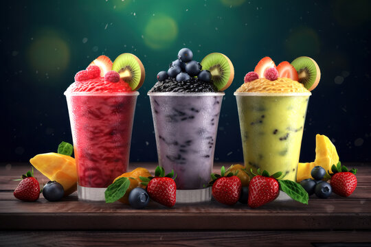 Indulge in a visual feast of colorful fruit smoothies. Three delicious blends, each topped with fresh fruits and ready to cool you down.