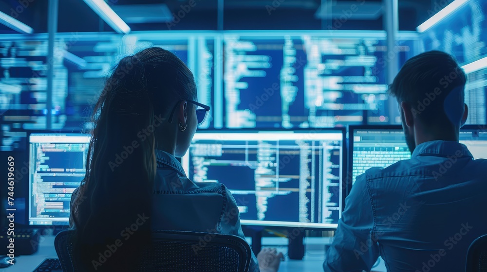 Aufkleber young professionals working contemporary business environment monitors with codes programming, large