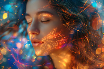 Young Woman Illuminated by Sparkling Lights.
A young woman's face glows with sparkling lights.