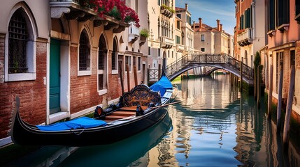 Venice canal and gondola in Italy, panoramic view - obrazy, fototapety, plakaty