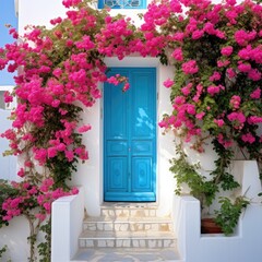 Fototapeta na wymiar Blue Door Surrounded by Pink Flowers. Printable Wall Art.