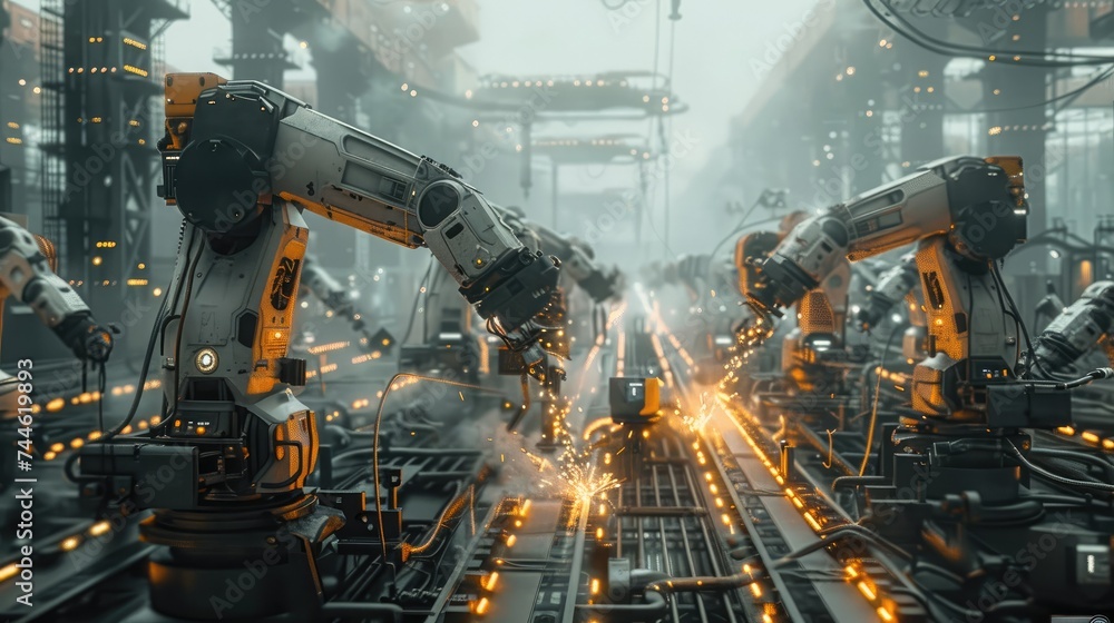 Poster a giant futuristic robotic factory assembly line with towering machines whirring and clanking and sp