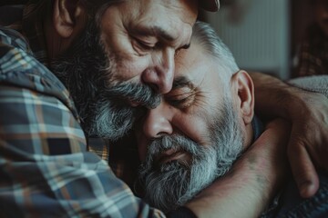 Two generation have a beard and are relaxing together at home in father's day with love of family, two men happy to enjoy living at home in father's day with the love of their families. - obrazy, fototapety, plakaty