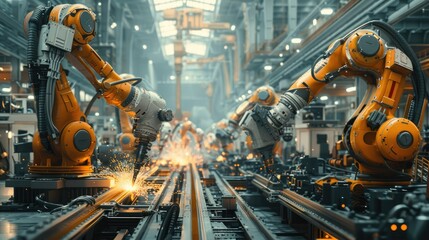 A giant futuristic robotic factory assembly line with towering machines whirring and clanking and sparks flying from welding robots. Generative AI. - obrazy, fototapety, plakaty