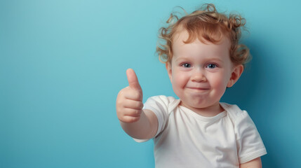a toddler giving a thumbs up on blue background, copy space