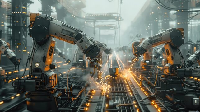 A giant futuristic robotic factory assembly line with towering machines whirring and clanking and sparks flying from welding robots. Generative AI.
