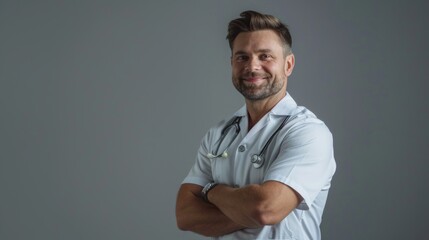 Concept of healthcare, medical staff. Portrait of smiling male doctor posing with folded arms on grey studio background. Free space.