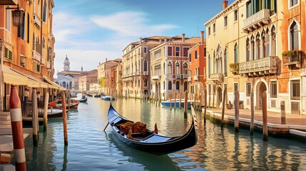 Panoramic view of grand canal with gondolas in Venice, Italy - obrazy, fototapety, plakaty