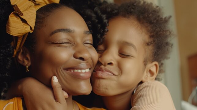 An African girl gives a kiss to a happy mother. Lovely black female child kisses cheerful and proud woman on cheek.