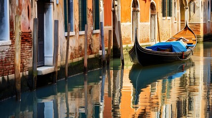 Fototapeta na wymiar Gondola on canal in Venice, Italy. Panoramic image