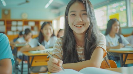 Educators concept showing a smiling junior asian school girl sitting at a desk in classroom writing in a notebook, posing and looking at camera. Group of diverse classmates in the background are