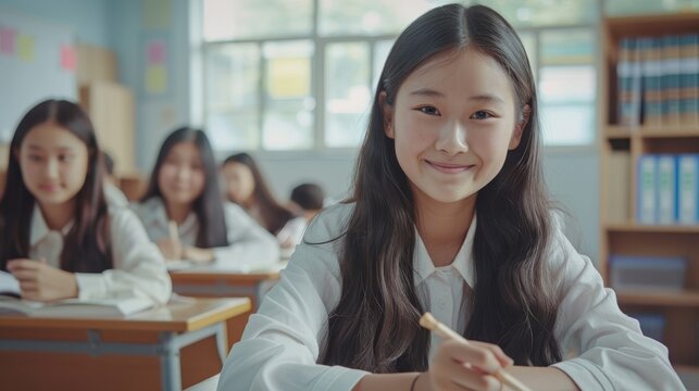 Conceptal image of a smiling junior asian schoolgirl sitting at a desk, writing in a notebook, posing, and looking at the camera. In the background are a group of diverse classmates studying.
