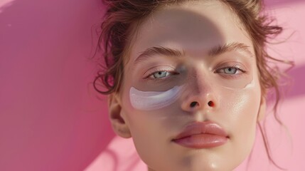Under-eye anti-aging cream applied by a young model against a pink background.