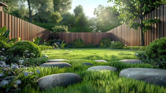 Green grass lawn backyard landscaping garden wooden. Generative AI.